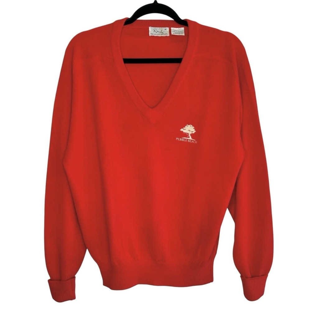 VTG Dache Pebble Beach Golf Sweater Med V Neck Preppy Orlon Money‎ Embroider Red